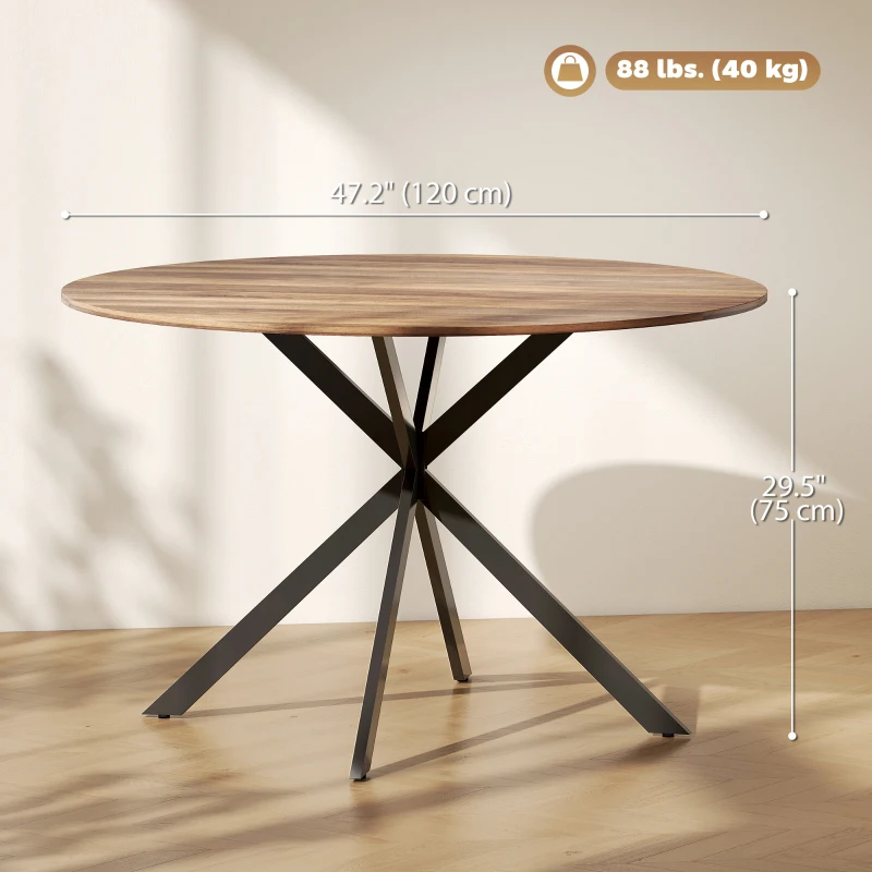 HOMCOM 47" Round Kitchen Table for 4, Industrial Dining Table with Steel Legs for Dining Room, Dark Brown and Black
