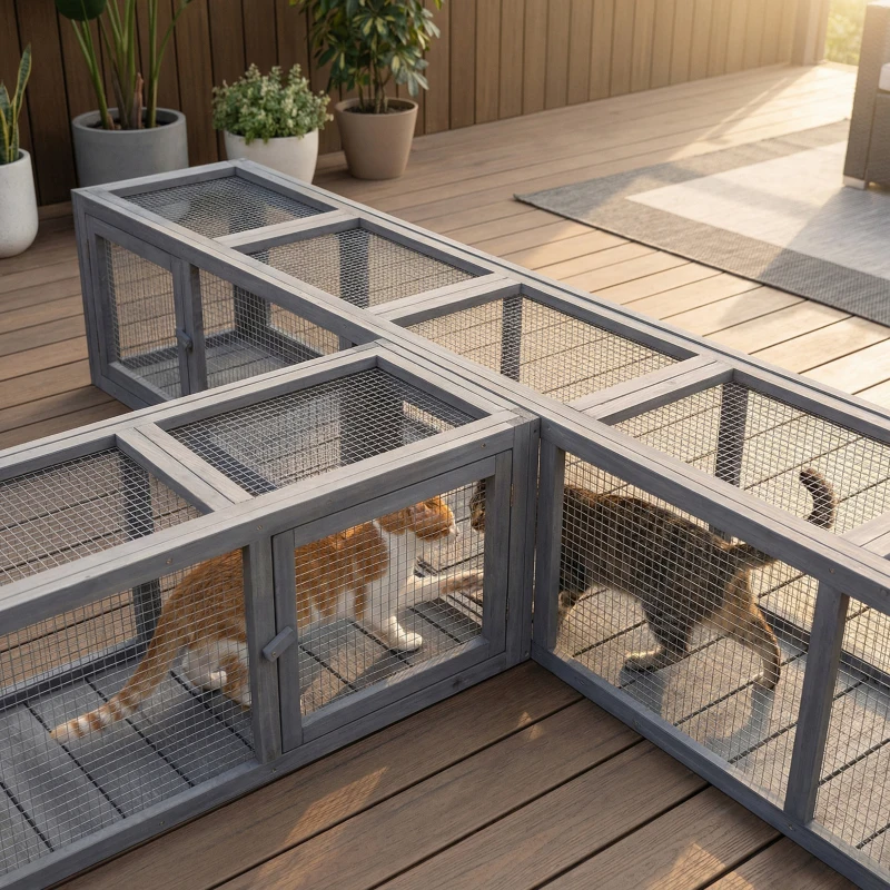 PawHut Wooden Cat Run with Weather Protection, Connecting Inside and Outside, 79"L x 15"W x 15"H, Dark Gray