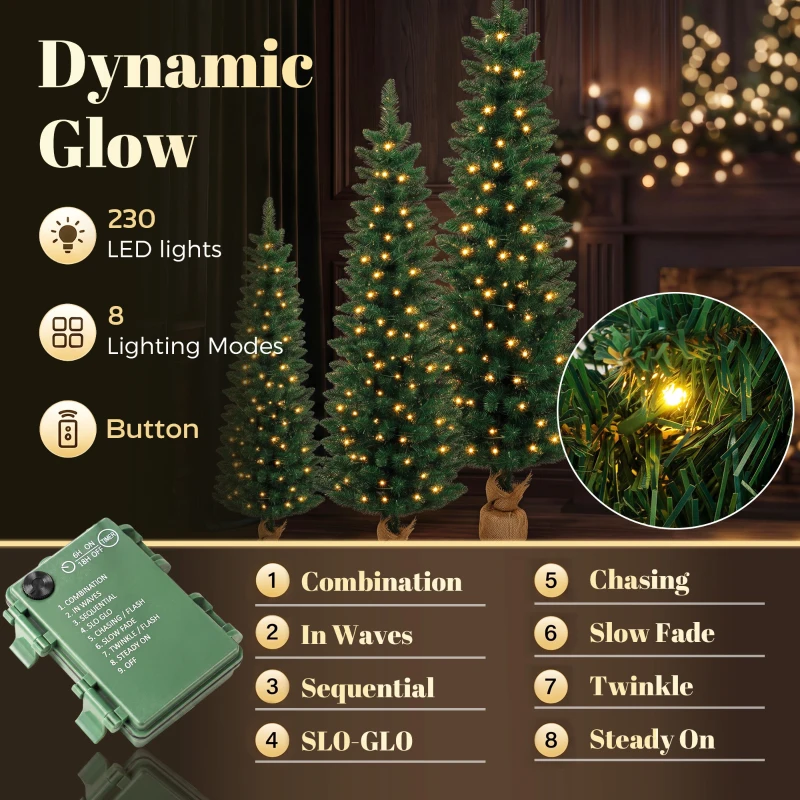 HOMCOM Artificial Pencil Christmas Tree Set of 3, Pre-Lit Christmas Trees with PVC Tips and Warm White LED Lights, Green