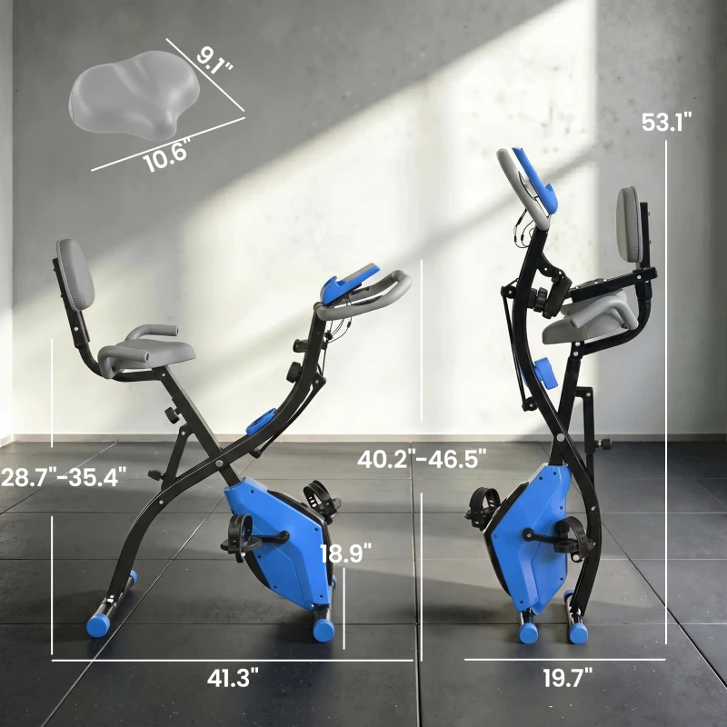 Soozier Folding Exercise Bike, 3-in-1 Recumbent Exercise Bike, Upright Workout Bike with Pulse Sensor, Arm Resistance Bands, Adjustable Seat, 8-Level Magnetic Resistance, Blue