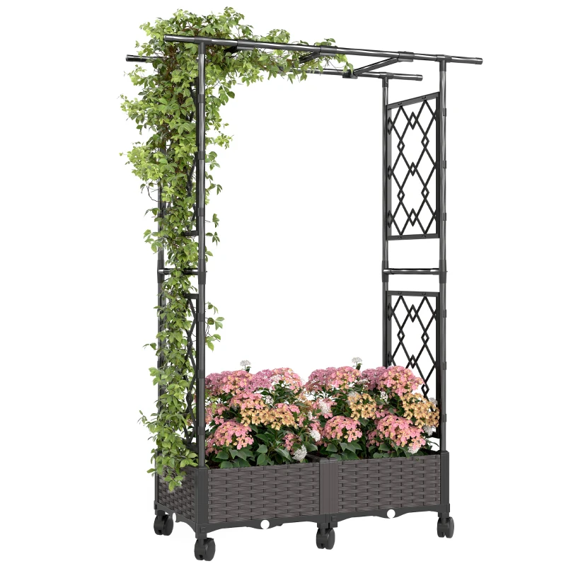 Outsunny Raised Garden Bed with Arch Trellis, Raised Bed for Garden on Wheels with Side Trellis for Climbing Plants, Flowers