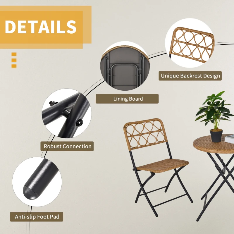 Outsunny 3PC Rattan Wicker Bistro Set w/ Folding Design, Hand Woven Rattan Table and Chairs for Outdoor, Natural