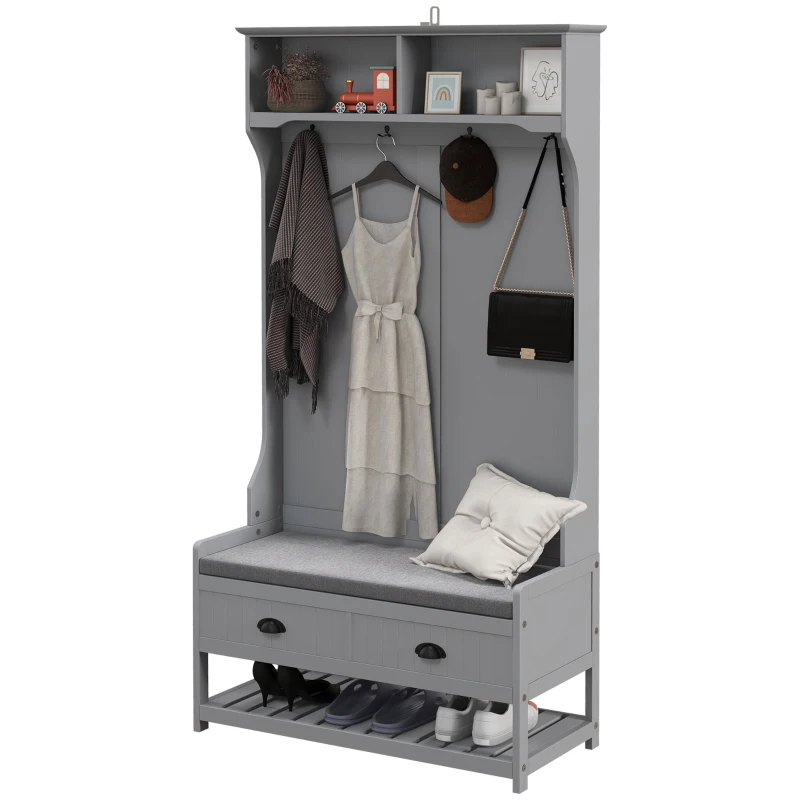 HOMCOM Coat Rack Shoe Bench, Hall Tree with Bench and Shoe Storage, Entryway Bench with 4 Hooks, 2 Drawers, 2 Shelves, Grey