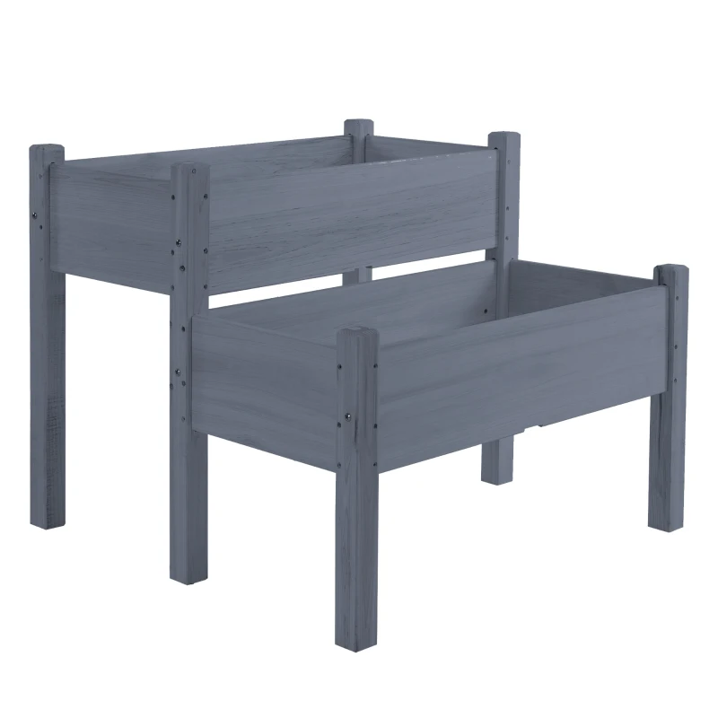 Outsunny 34"x34"x28" Raised Garden Bed 2-Tier Wooden Planter Box for Backyard, Patio to Grow Vegetables, Herbs and Flowers, Gray