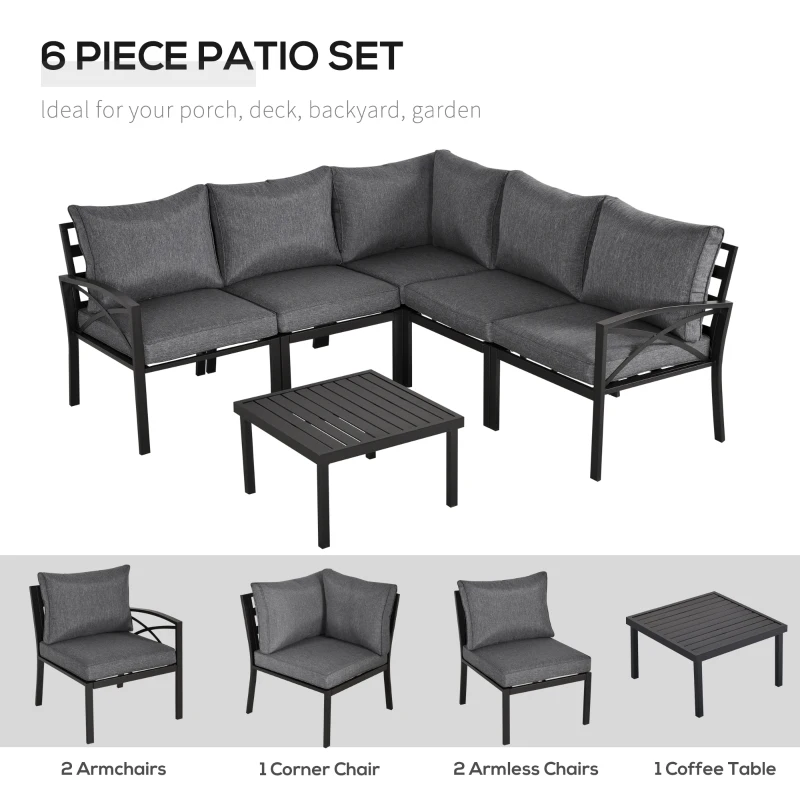 Outsunny 6-Piece Patio L-Shaped Sofa Conversation Set with Coffee Table, Water-Fighting Materials, & Comfort, Grey