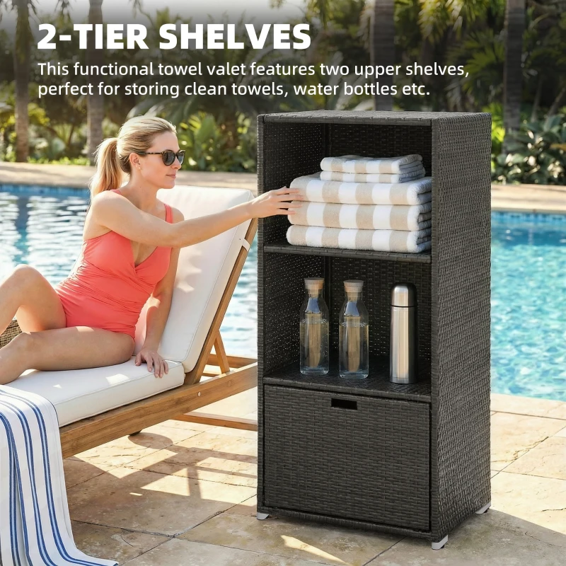 Outsunny Valet Pool Towel Rack, Water-Resistant PE Plastic Rattan Wicker Storage Organizer, 2 Shelves, 1 Basket Drawer