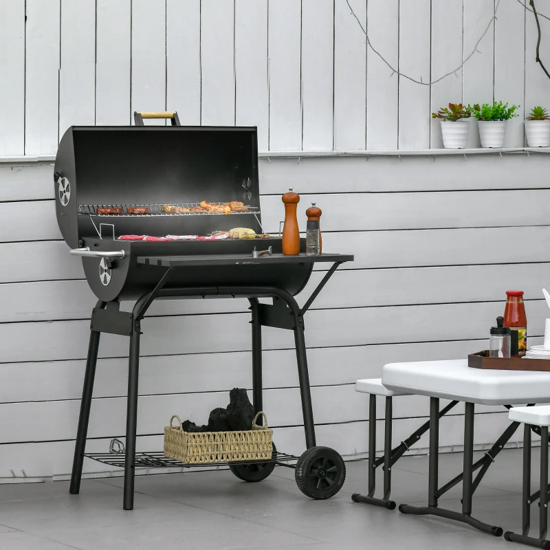 Outsunny 30" Charcoal Barbecue Grill with Wheels Outdoor Barbecue with Adjustable Charcoal Rack, Storage Shelf, Wheel, for Garden Camping Picnic