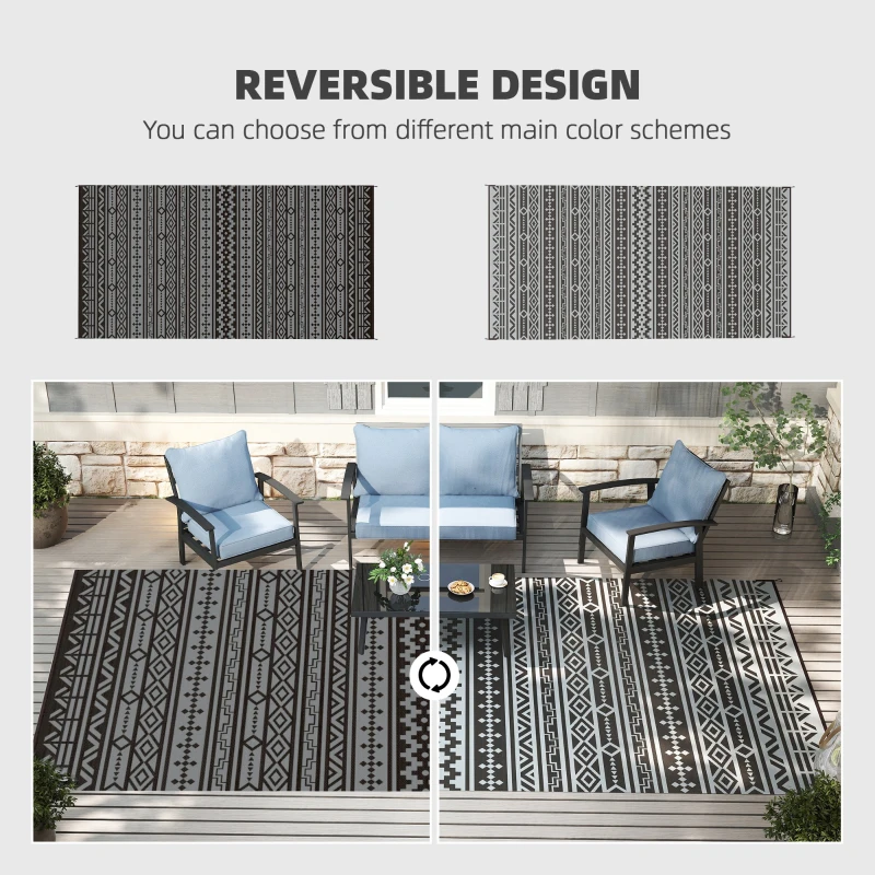 Outsunny Reversible Outdoor Rug, Waterproof Plastic Straw with Carry Bag, 9' x 18', Black & Gray Geometric Wall