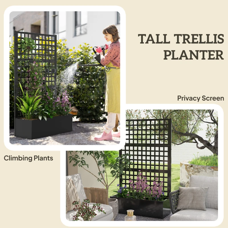 Outsunny Galvanized Raised Garden Bed Planter Box with Trellis for Climbing Plants, Vegetable, Vines, 43" x 16" x 70", Black