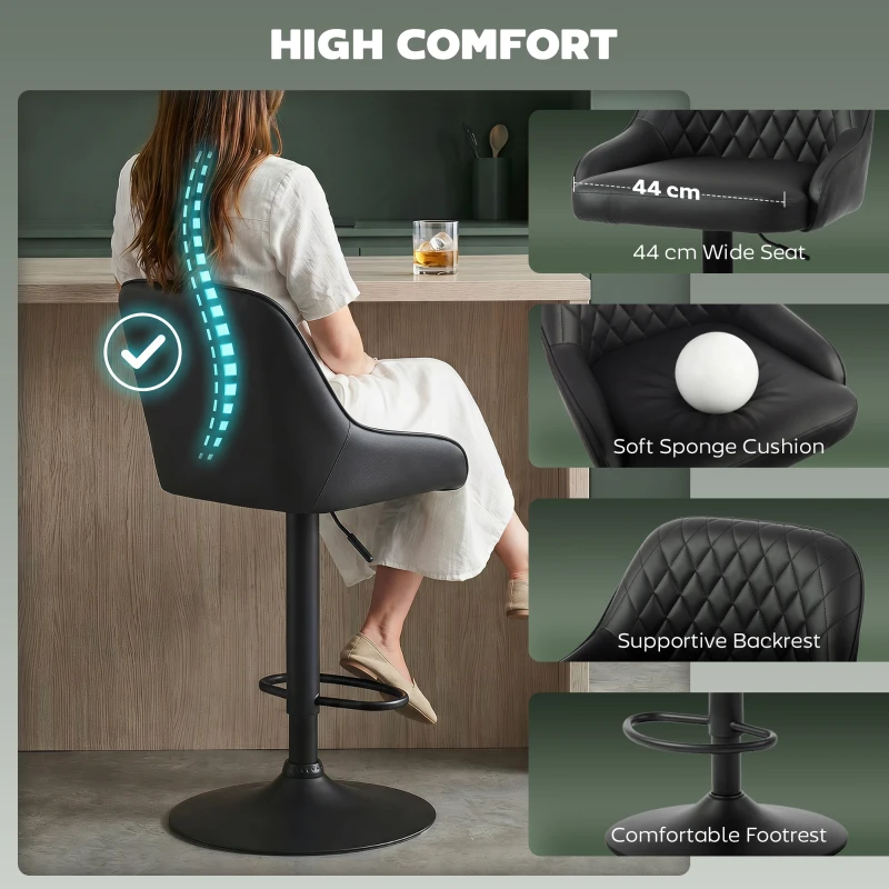 HOMCOM Bar Stools Adjustable Swivel Kitchen Chairs with Backrest Set of 2 for Kitchen Island Black