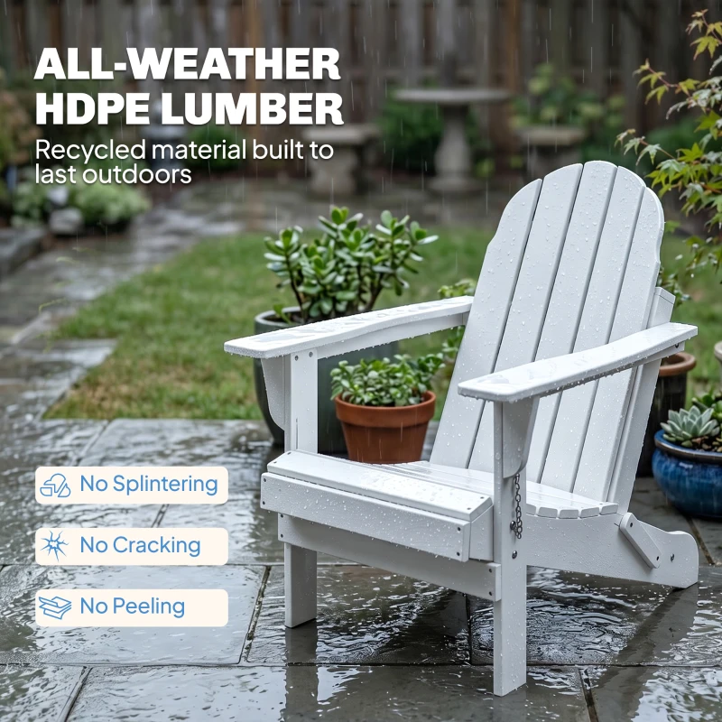 Outsunny Folding Adirondack Chair, HDPE Fire Pit Chair, Weather Resistant Outdoor Chair for Patio, Garden, Backyard, Lawn, White