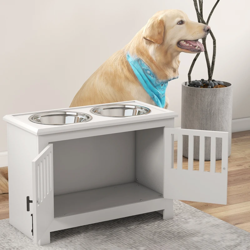 PawHut Dog Food Storage Cabinet with Bowls & Dog Feeding Station, White