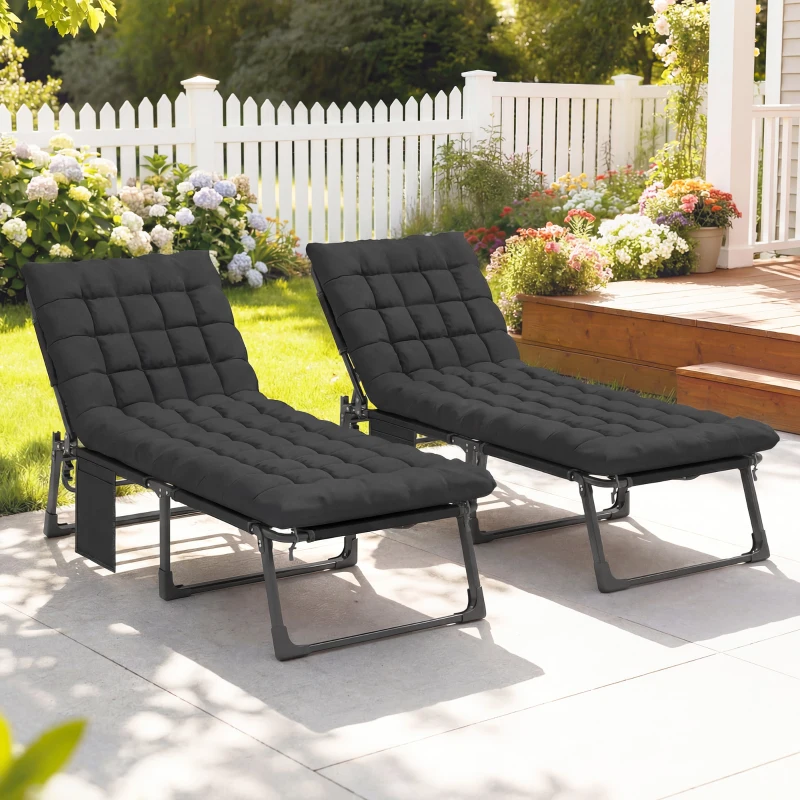 Outsunny Folding Chaise Lounge Chair Outdoor Tanning Chair Set of 2 with 5-Position Backrest, Cushions, Side Pocket, Black