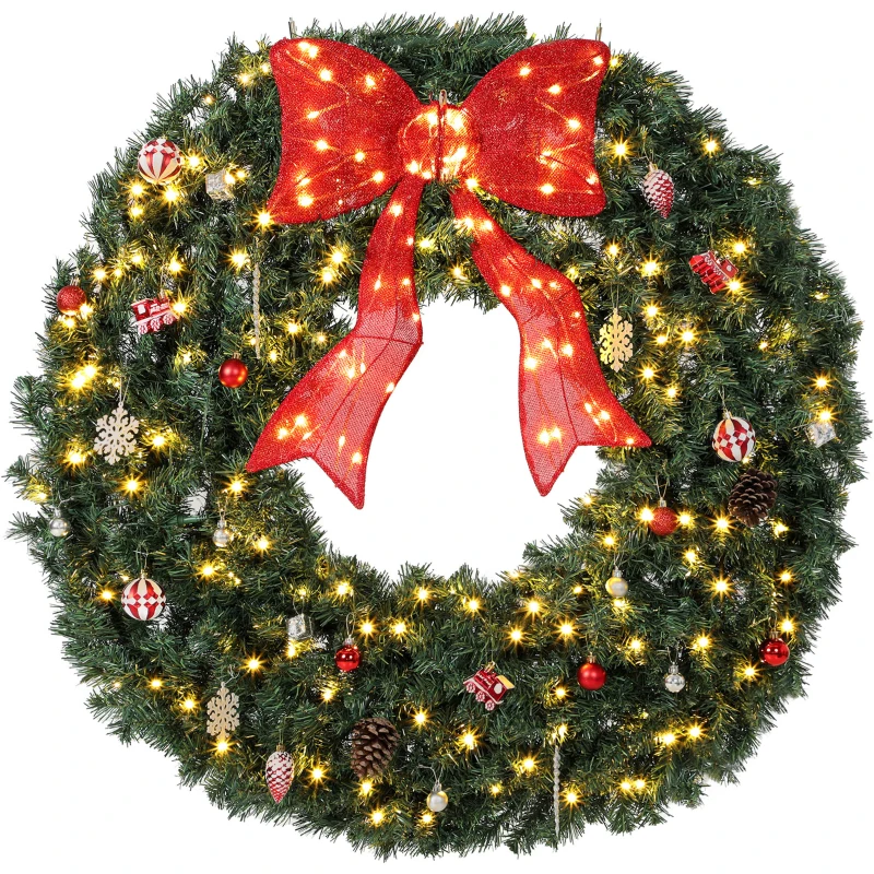 HOMCOM Artificial Xmas Wreath, 48 Inch Pre-Lit Christmas Wreath with 200 LED Lights, Lighted Bow and 31 Ornament Set, Green