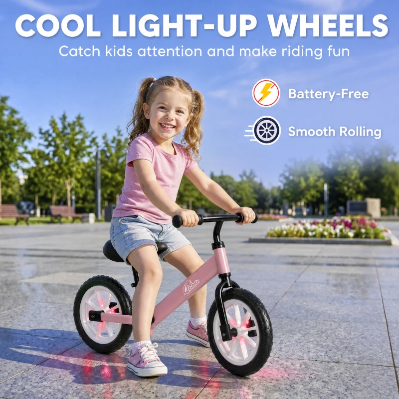 Qaba Balance Bike, Baby Bike with Lighting Wheels, Adjustable Seat and Handlebar, Steering for 2-5 Years Old, Pink