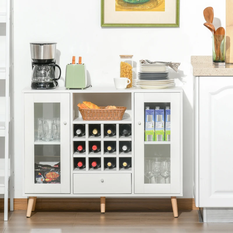 HOMCOM Sideboard Storage Cabinet, Kitchen Cupboard with Glass Doors, Drawer, 12-Bottle Wine Rack for Living Room, White