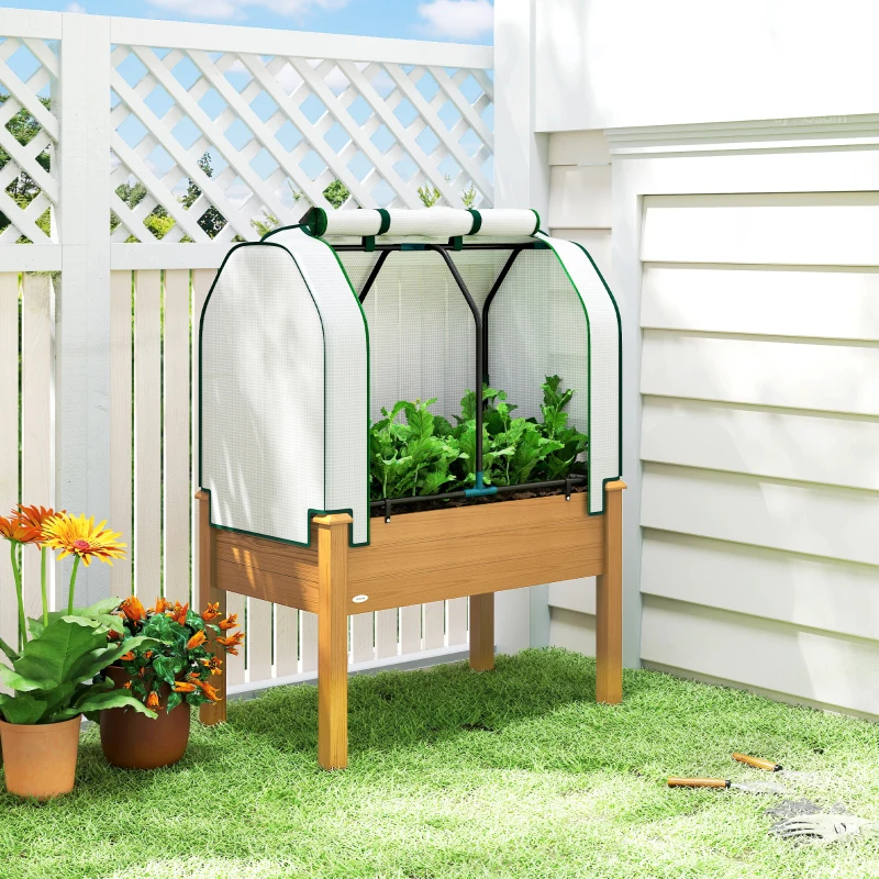Outsunny Raised Garden Bed with PE Greenhouse Cover Outdoor Planter Box for Herbs and Vegetables, 35 x 22 x 47 inch, Sand
