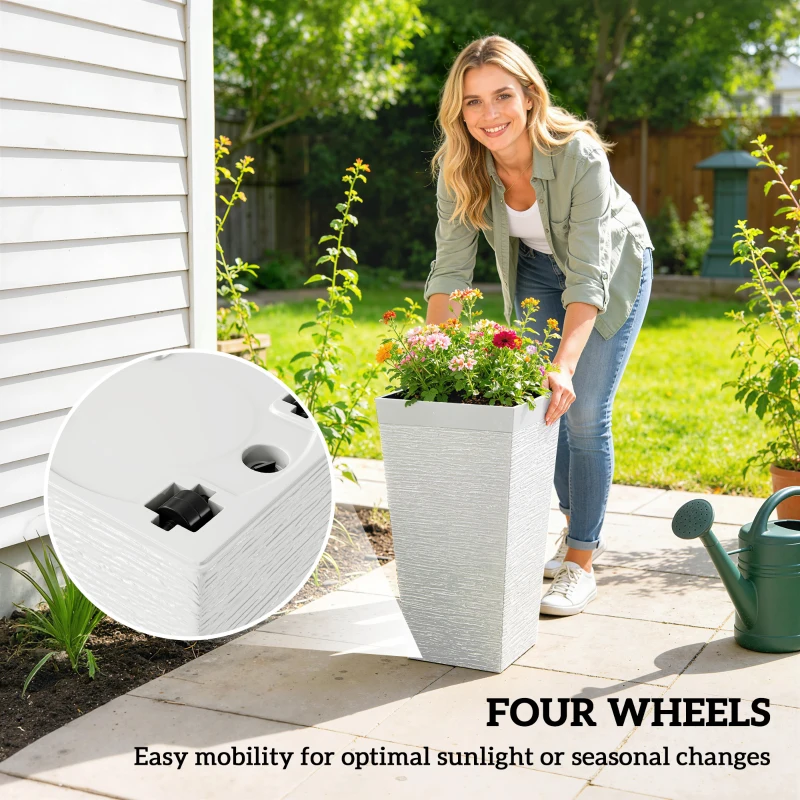 Outsunny 22.8 Inch Set of 3 Outdoor Planters with Stone Finish and Wheels, Stackable Tapered Planters with Drainage Hole, White