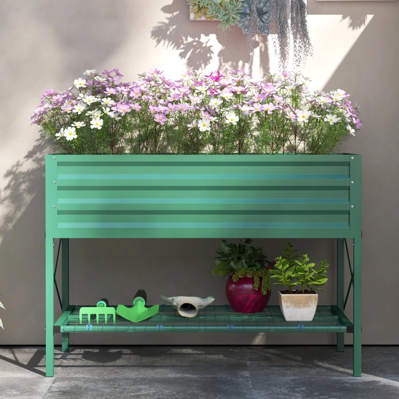 Outsunny Galvanized Raised Garden Bed, Metal Planter Box with Legs, Storage Shelf and Bed Liner, Green