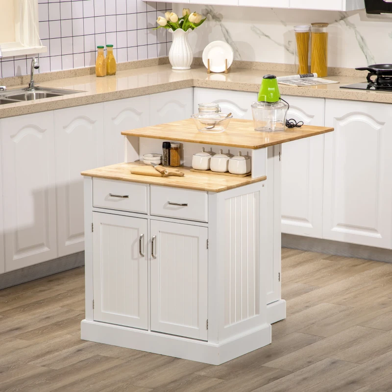 HOMCOM Kitchen Island with 2-Level Rubber Wood Tabletop, Island Table with Adjustable Shelves and Drawers, White