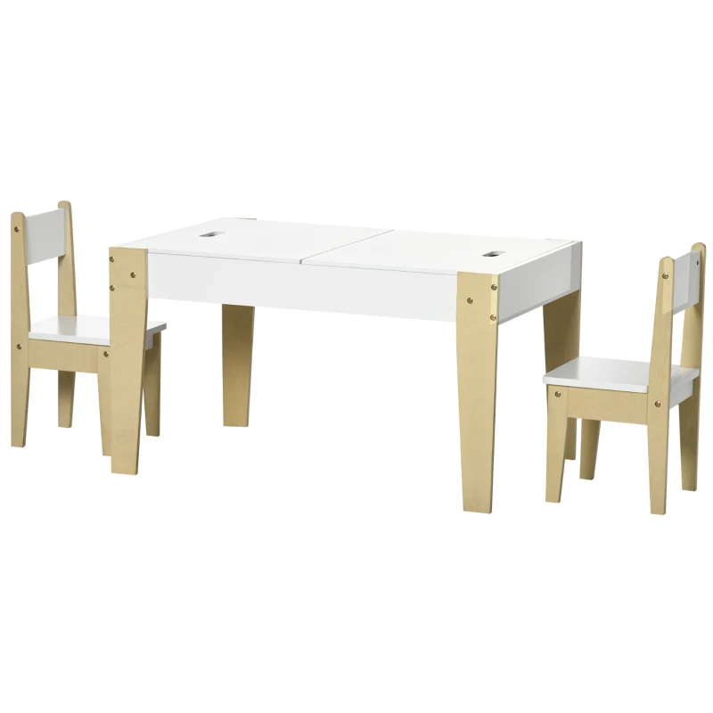 Qaba 3 Pcs Kids Table and Chair Set with Storage Under Tabletop, Activity Table and 2 Chairs, Kids Drawing Table for Playroom Furniture, White