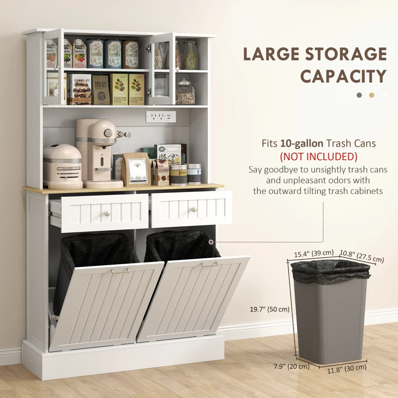HOMCOM Kitchen Cabinet with Charging Station, 2 Tilt Out Cabinets, Microwave Stand, Freestanding Kitchen Pantry Cabinet, White