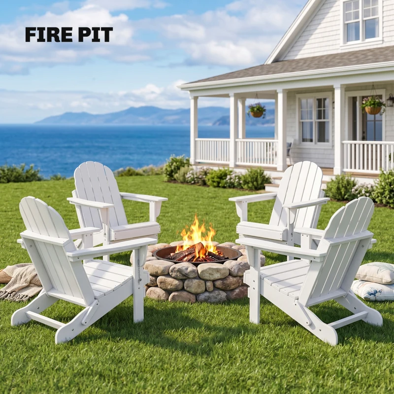 Outsunny Folding Adirondack Chair, HDPE Fire Pit Chair, Weather Resistant Outdoor Chair for Patio, Garden, Backyard, Lawn, White