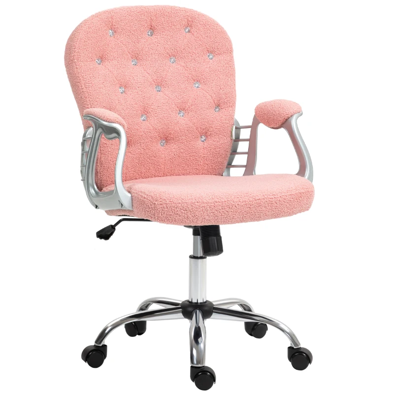 Vinsetto Button Tufted Desk Chair, Home Office Chair with Padded Armrests, Adjustable Height and Swivel Wheels, Pink