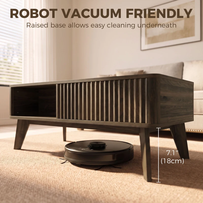 HOMCOM 40" Fluted Lift Top Coffee Table with Storage, Mid-Century Coffee Table with Hidden Compartment, Open Shelf, Walnut