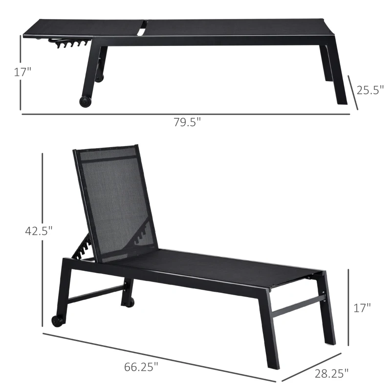 Outsunny Outdoor Chaise Lounge with Wheels, Five Position Recliner for Sunbathing, Suntanning, Steel Frame, Breathable Fabric for Beach, Yard, Patio, Black