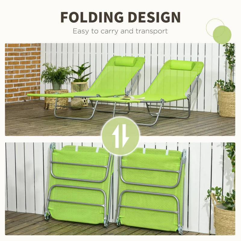 Outsunny Set of 2 Folding Chaise Lounge Chairs, Outdoor Poolside Sun Tanning Chairs w/ Pillow, Reclining Backrest, Green