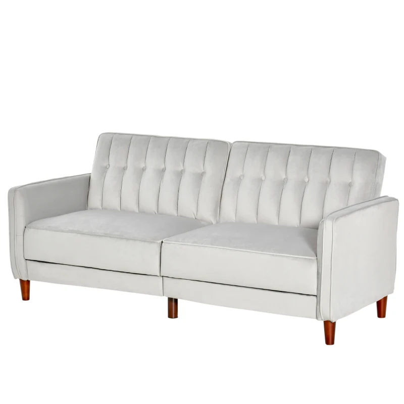 HOMCOM Convertible Sofa Sleeper Futon with Split Back Design Recline, Thick Padded Velvet-Touch Cushion Seating and Wood Legs, Light Grey