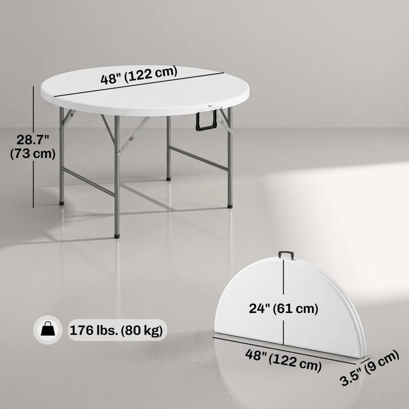 Outsunny Φ48" Folding Patio Table, Outdoor HDPE Picnic Table, Card Table for 6, Round Folding Banquet with Metal Frame, White