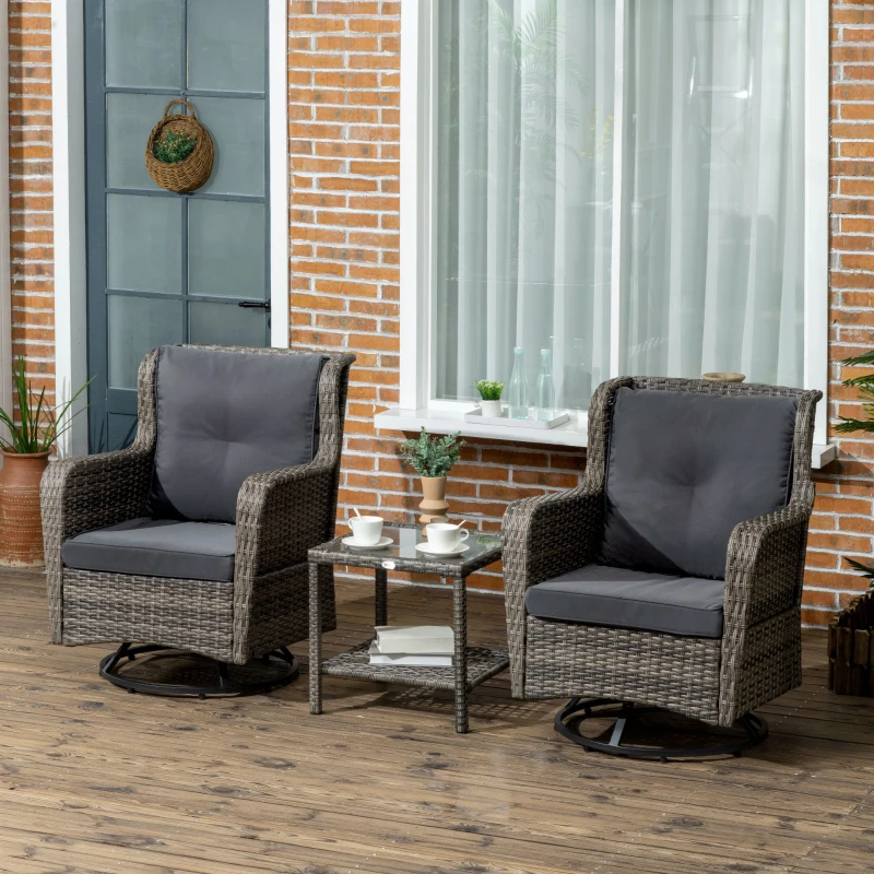 Outsunny Patio Bistro Set, Porch Furniture with 360° Rotation & Rocking Function, 28.25"x30.75"x36.25", Gray