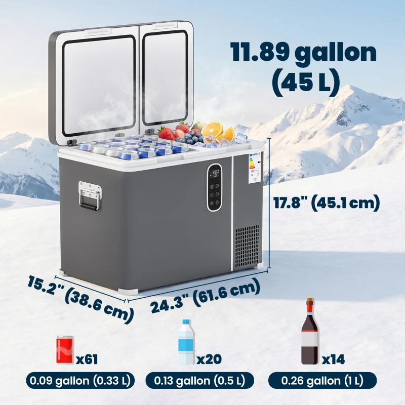 Outsunny 12 Volt Car Refrigerator, Dual Zone 48 QT Car Fridge with App Control, 12/24V DC and 100-240V AC,