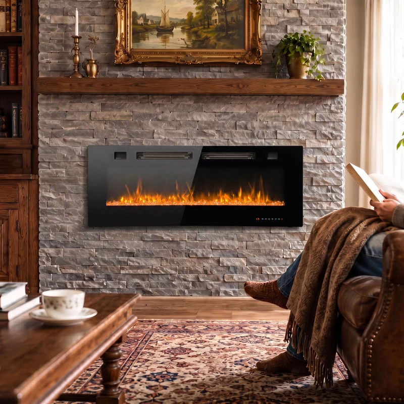 HOMCOM 42" Electric Fireplace, Ultra-Thin Recessed, Wall Mounted and Freestanding Fireplace w/ Flame Effect, 750W/1500W, Black