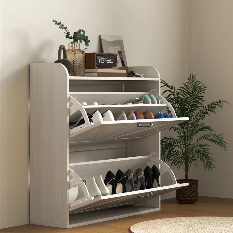 HOMCOM Narrow Shoe Storage Cabinet, Farmhouse Slim Shoe Cabinet with 2 Flip Drawers, Adjustable Shelves, White Oak
