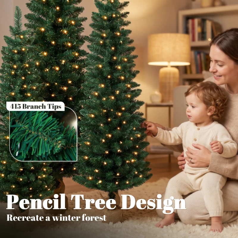 HOMCOM Artificial Pencil Christmas Tree Set of 3, Pre-Lit Christmas Trees with PVC Tips and Warm White LED Lights, Green