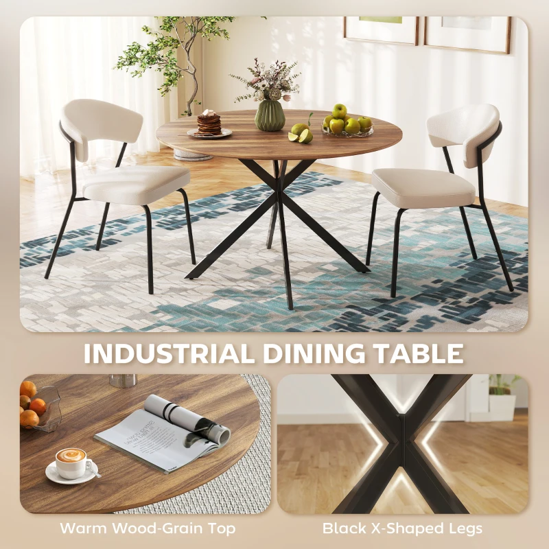 HOMCOM 47" Round Kitchen Table for 4, Industrial Dining Table with Steel Legs for Dining Room, Dark Brown and Black