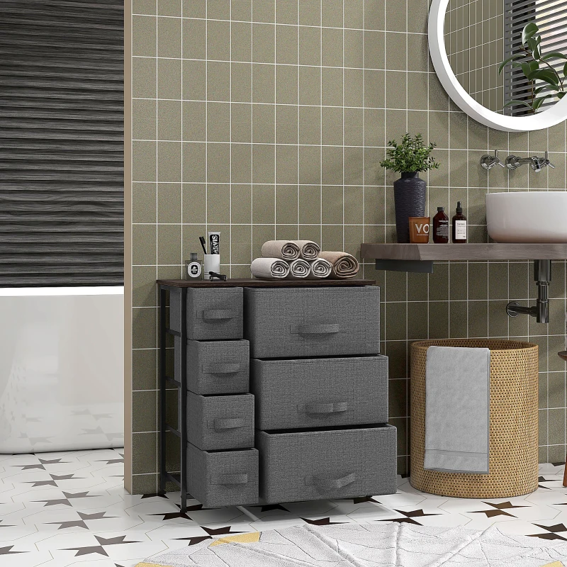 HOMCOM Dresser with 7 Drawers, Chest of Drawers with Metal Frame, Fabric Dresser for Living Room, Dark Grey