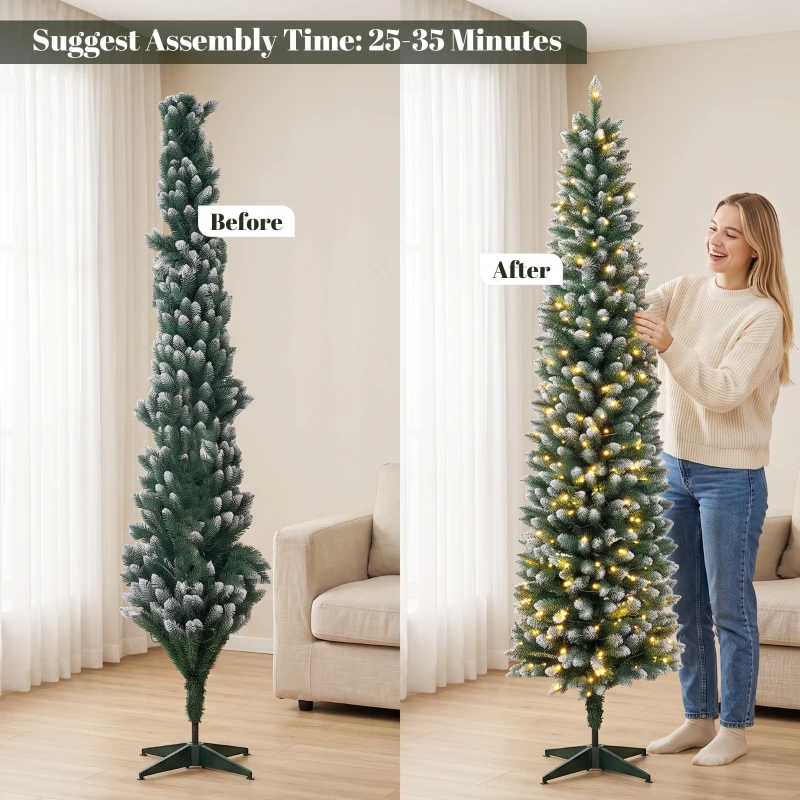 HOMCOM 6ft Pencil Prelit Christmas Tree, Dual Color LEDs, Flocked, Remote, Slim Xmas Tree with 11 Modes, Green White