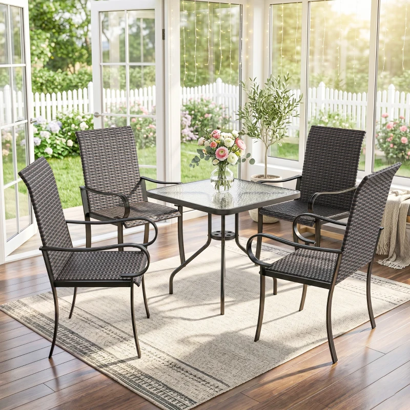Outsunny Set of 4 Outdoor Wicker Dining Chairs with Armrest, Steel Frame, Highback and Deep Seating, Brown