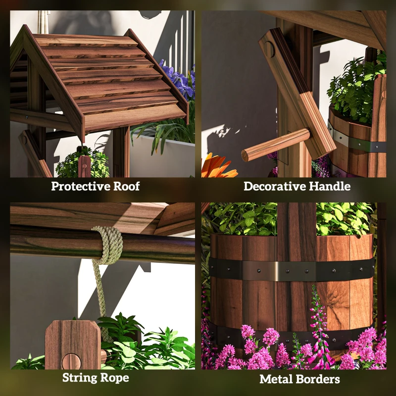 Outsunny Wood Wishing Well Outdoor Wooden Planter with Hanging Bucket and Drainage Hole for Garden, Patio, Backyard, Tan