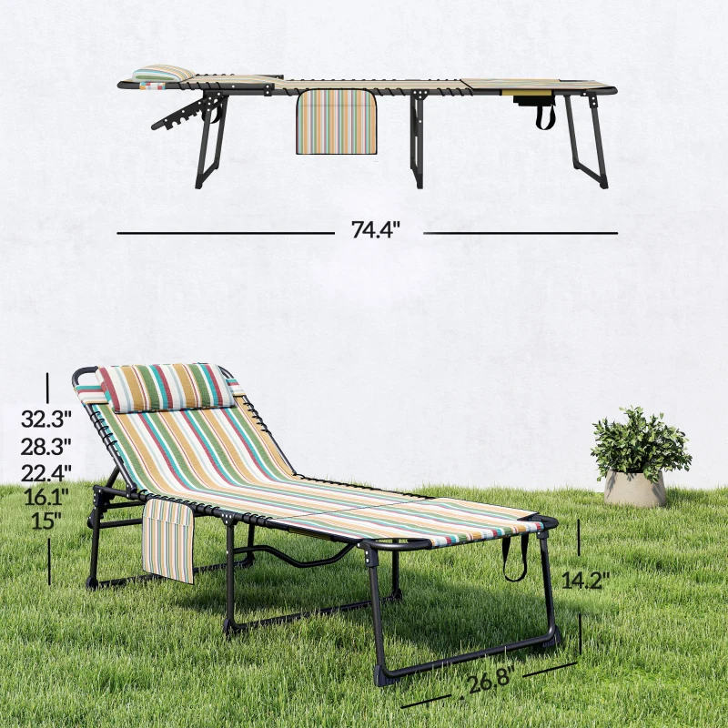 Outsunny 2 Piece Folding Chaise Lounge Pool Chairs with 5-level Reclining Back, Reading Hole, Side Pocket, Rainbow Striped