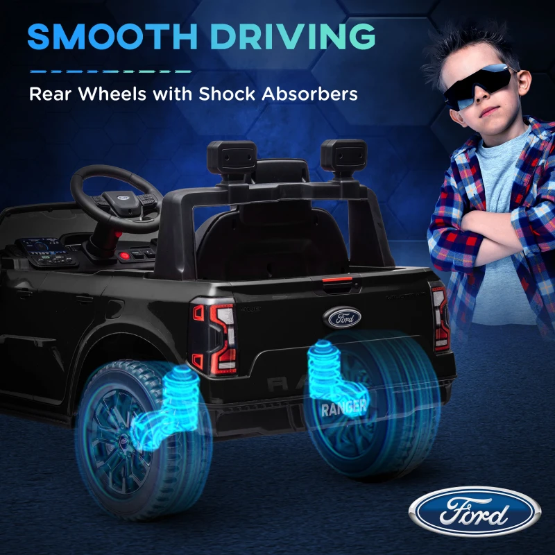 Qaba Ford Ranger Licensed Kids Ride on Car 12V Battery Power Car with Remote Control, Spring Suspension Toy Storage, Black