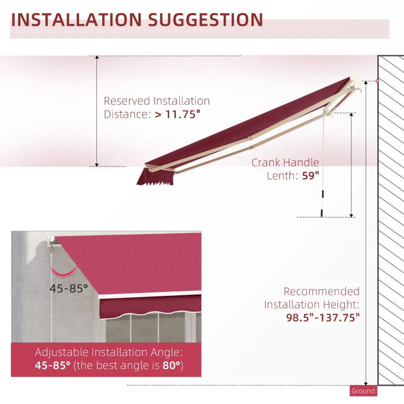 Outsunny 13' x 8' Retractable Awning, Patio Awnings, Sunshade Shelter w/ Manual Crank Handle, Wine Red