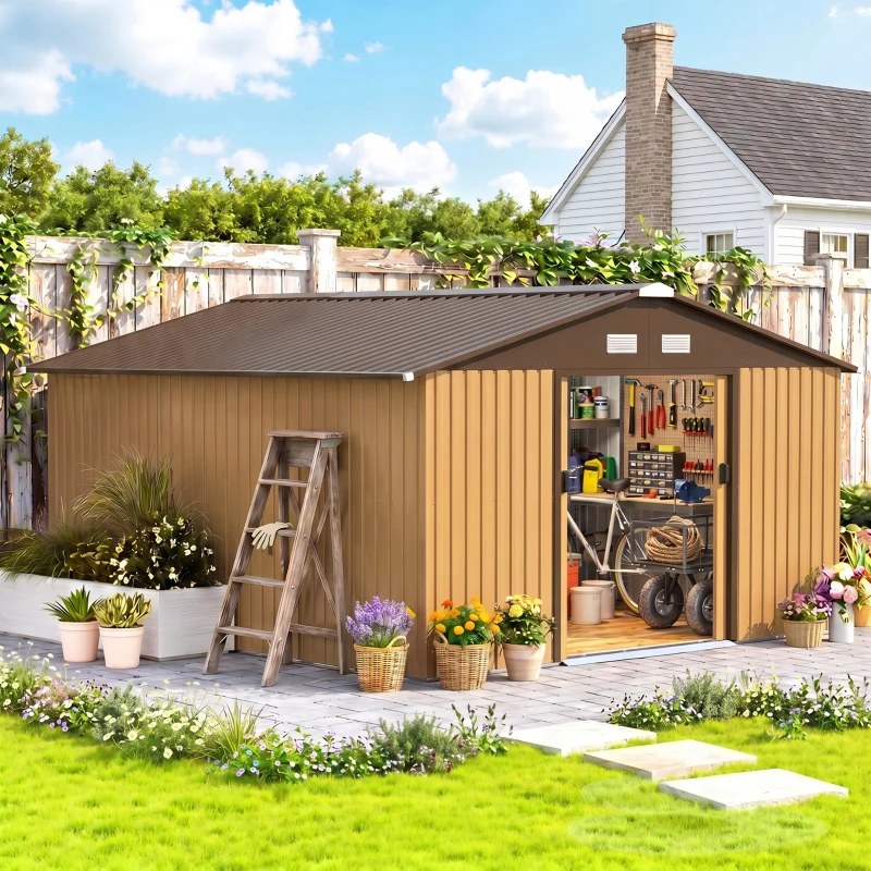 Outsunny Garden Metal Shed, Storage Shed Utility Storage with Double Locking Doors for Bike, Yard Tools, Yellow