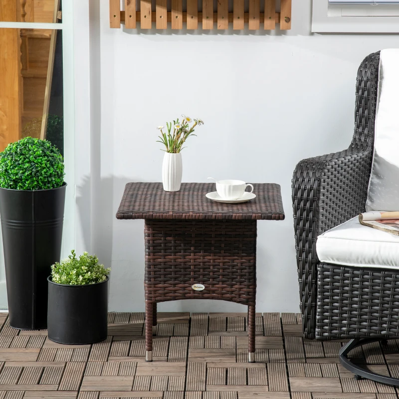 Outsunny 20" Patio Wicker Coffee Table, Outdoor Coffee Table with Plastic Board Underneath the Woven Tabletop for Patio, Garden, Balcony, Mixed Brown