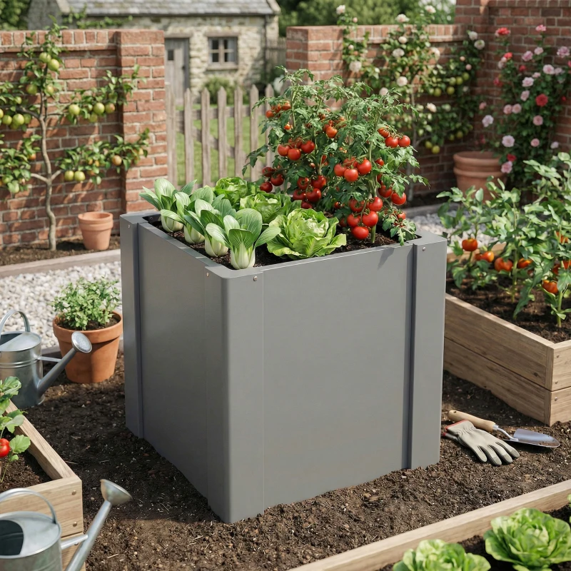 Outsunny Raised Garden Bed Galvanized Planter Box Outdoor with Gloves for Gardening Vegetables, Flower, Herb, 1.4 x 1.4 x 1.5 ft, Gray