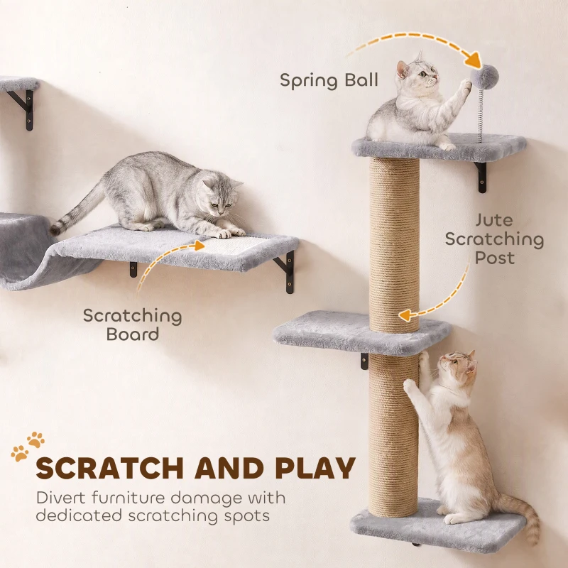 PawHut Cat Wall Shelves, 3-in-1 Wall-Mounted Cat Climber Set w/ Bed, Platforms, Hammock, Scratching Posts and Spring Ball